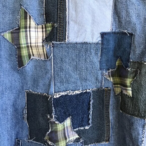 Upcycled Jean Jacket, M: Denim & Flannel Star Patchwork, Waffle Knit Sleeves - Picture 6 of 12